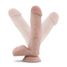 Load image into Gallery viewer, Side view of the blush Loverboy Coverboy The Pool Boy Realistic Dildo placed on its suction cup, with illustrations of the product&#39;s shaft bent in different directions demonstrating the flexibility of the product.