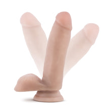 Load image into Gallery viewer, Side view of the  blush Coverboy The Surfer Dude Realistic Dildo, placed on its suction cup base, with illustrated images of the shaft bending in opposite directions to show the flexibility of the product.
