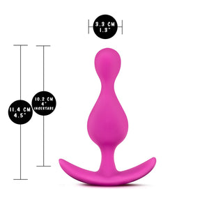 blush Luxe Explore Silicone Anal Plug measurements: Insertable width: 3.3 centimetres / 1.3 inches; Product length: 11.4 centimetres / 4.5 inches; Insertable length: 10.2 centimetres / 4 inches.