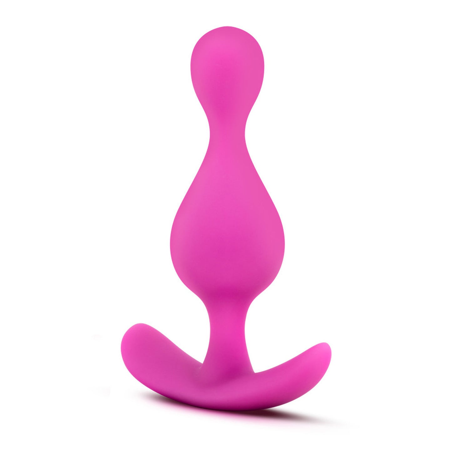 Top side view of the blush Luxe Explore Silicone pink Anal Plug, standing on its ez-handle.