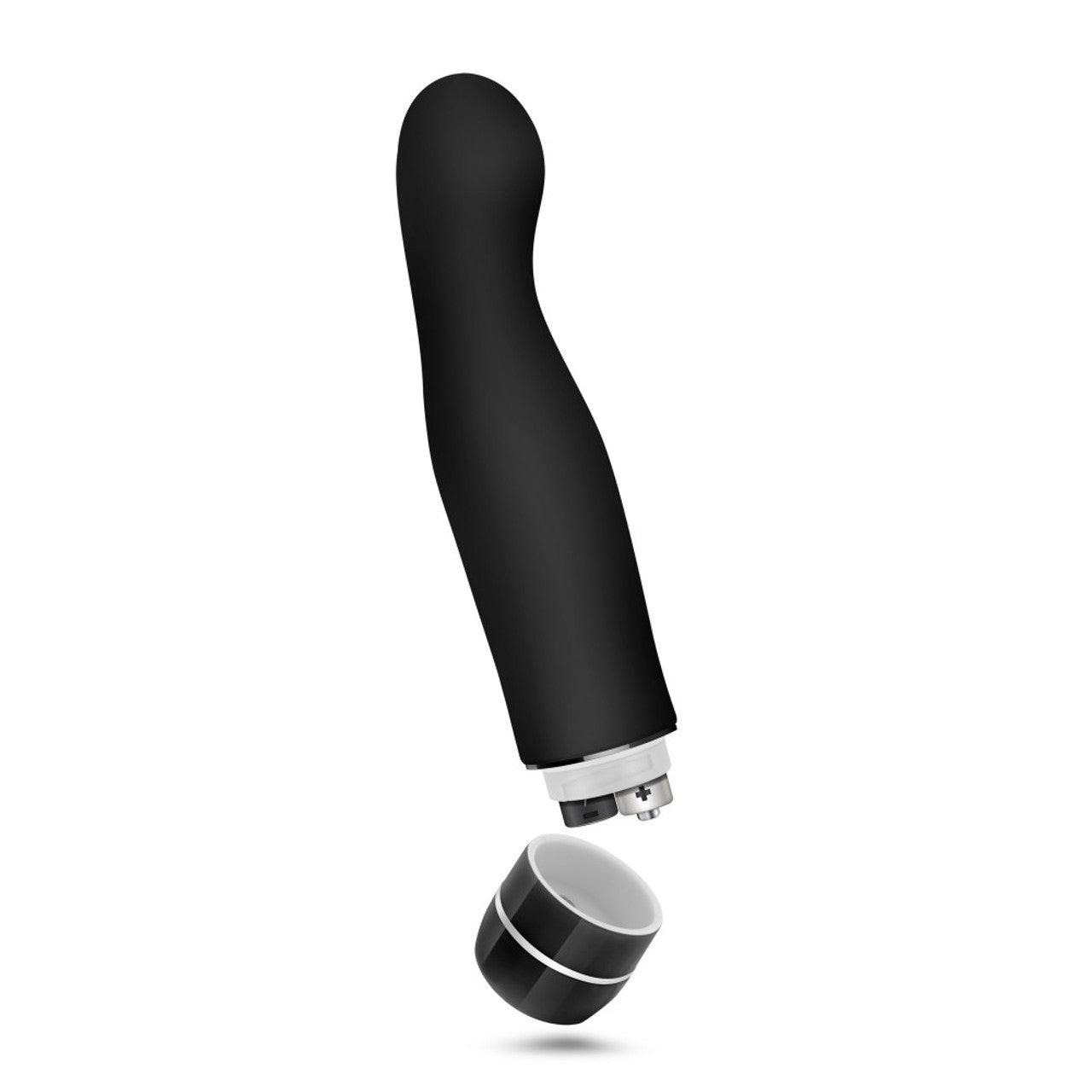 blush Luxe Gio Vibrator with an open battery cap, indicating where the battery placement is.