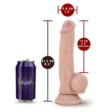 Load image into Gallery viewer, blush Loverboy Mr. Jackhammer Realistic Dildo measurements: Insertable width: 3.8 centimetres / 1.5 inches; Product length: 21.6 centimetres / 8.5 inches; Insertable length: 14 centimetres / 5.5 inches. Beside the product is a regular sized pop can with a blush logo, showing the size scale of the product.