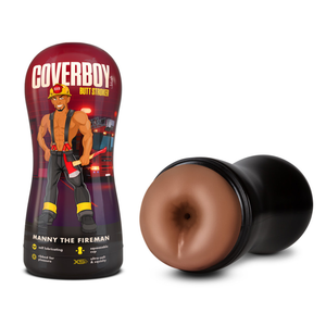 On the left side of the image is the cap standing up showing the Coverboy by blush logo, "Butt Stroker", an illustrated image of a shirtless fireman with a firetruck in the background, product name: Manny the Fireman, and product feature icons for: self lubricating; Squeezable cup; Ribbed for pleasure; Ultra-Soft & Squishy. Beside the cap is the stroker, laying on its side facing front.