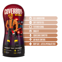 Load image into Gallery viewer, blush Coverboy Manny The Fireman Self Lubricating Butt Stroker features: Self lubricating; soft erotic feel; textured canal; Snug fit; Squeezable canister; Air valve control; Body safe - Latex &amp; Phthalate free.