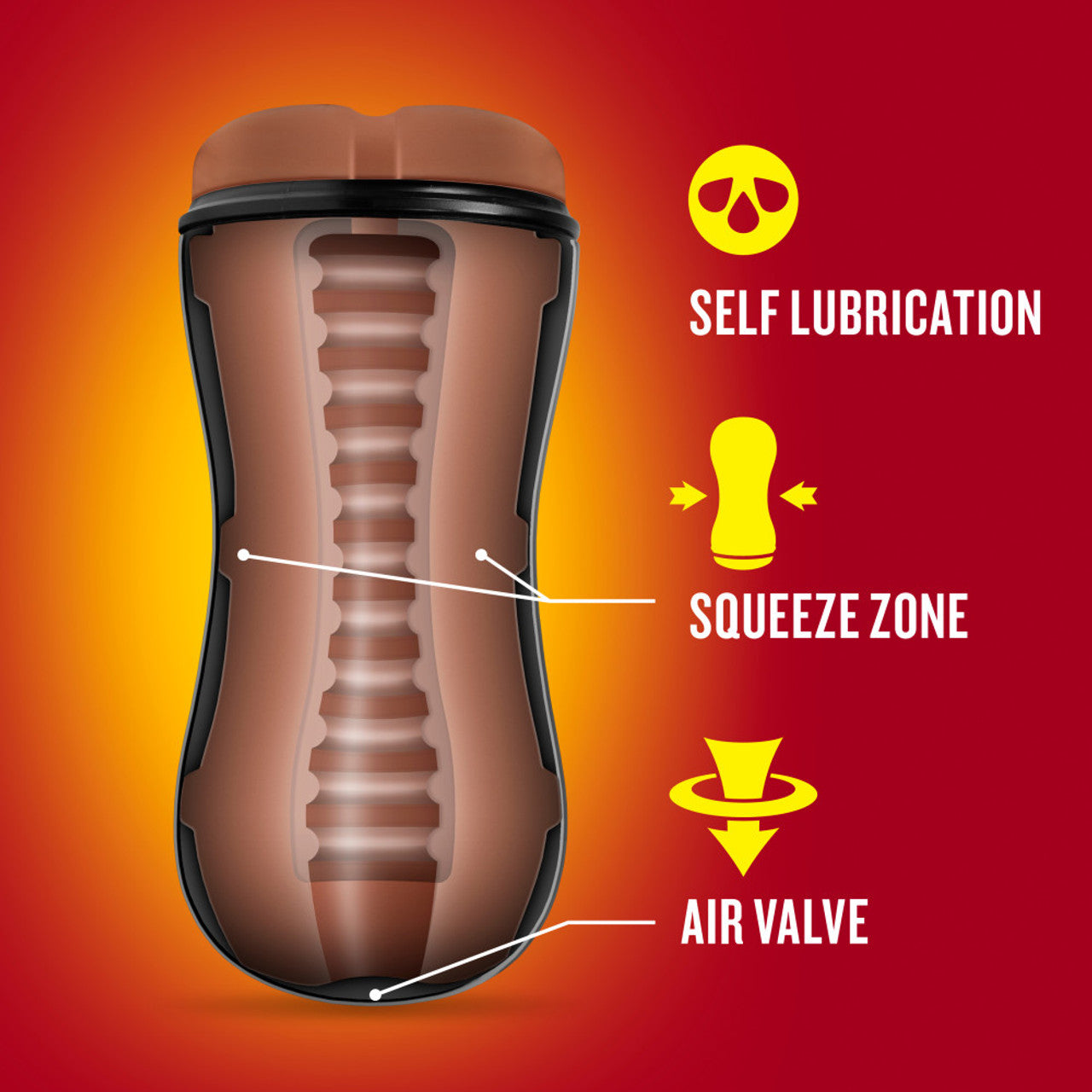 An illustrated image for the inside of the blush Coverboy Manny The Fireman Self Lubricating Butt Stroker, showing inside the canal. Product feature icons for: Self Lubrication; Squeeze Zone (Pointing to the centre's left & right sides, indicating where to squeeze); Air valve (pointing to the bottom of the stroker).