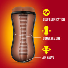 Load image into Gallery viewer, An illustrated image for the inside of the blush Loverboy Manny The Fireman Self Lubricating Butt Stroker, showing inside the canal. Product feature icons for: Self Lubrication; Squeeze Zone (Pointing to the centre&#39;s left &amp; right sides, indicating where to squeeze); Air valve (pointing to the bottom of the stroker).