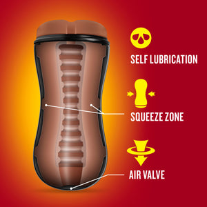 An illustrated image for the inside of the blush Loverboy Manny The Fireman Self Lubricating Butt Stroker, showing inside the canal. Product feature icons for: Self Lubrication; Squeeze Zone (Pointing to the centre's left & right sides, indicating where to squeeze); Air valve (pointing to the bottom of the stroker).