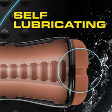 Load image into Gallery viewer, Self Lubricating. An illustrated image for the inside of the blush Loverboy Manny The Fireman Self Lubricating Butt Stroker, with a circle around the front of the canal, indicating where the self lubricating features are.