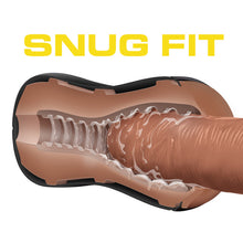 Load image into Gallery viewer, Snug Fit. An illustrated side view of the blush Coverboy Manny The Fireman Self Lubricating Butt Stroker&#39;s inner textured canal, with a male shaft snugly being inserted, with lubricating features guiding it through.