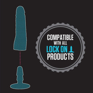 An Illustrated image showing a dildo above Lock On adapter, with dots in between showing compatibility. Beside is written "Compatible with all lock on products". 