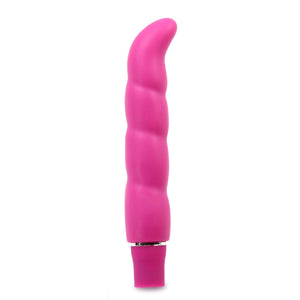 Side view of the blush Logo Purity G pink Vibrator, standing on its base.