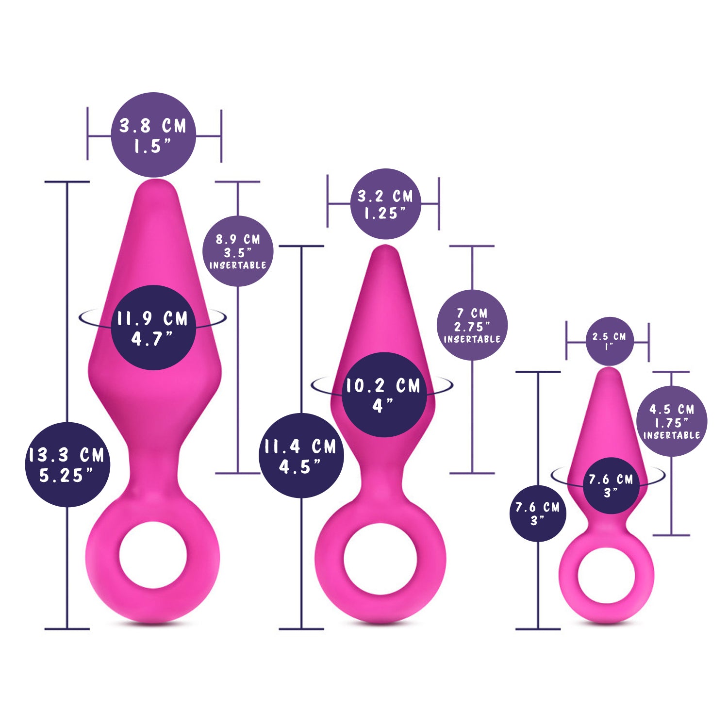 blush Luxe Rimmer Kit measurements. Large rimmer plug insertable width: 3.8 cm / 1.5"; Total length: 13.3 cm / 5.25"; Insertable girth: 11.9 cm / 4.7"; Insertable length: 8.9 cm / 3.5". Medium Rimmer plug insertable width: 3.2 cm / 1.25"; Total length: 11.4 cm. 4.5"; Insertable girth: 10.2 cm / 4"; Insertable length: 7 cm / 2.75". Small Rimmer plug insertable width: 2.5 cm / 1"; Total length: 7.6 cm / 3"; Insertable girth: 7.6 cm / 3"; Insertable length: 4.5 cm / 1.75".