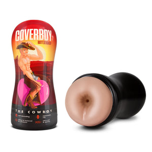 On the left side of the image is the Cover for the blush Coverboy The Cowboy Self Lubricating Butt Stroker. On the cover is the Loverboy logo, "Butt Stroker", a shirtless male dressed as a cowboy, mounting a pink coloured object, in a desert with a sunset in the background, product name: The Cowboy, and product feature icons for: self lubricating; squeezable cup; ribbed & textured for pleasure; ultra-soft & squishy. Beside is the stroker facing front, laying on its side.