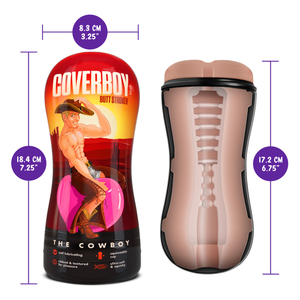 blush Coverboy The Cowboy Self Lubricating Butt Stroker cover width: 8.3 centimetres / 3.25 inches; cover length: 18.4 centimetres / 7.25 inches. Insertable length for the stroker: 17.2 centimetres / 6.75 inches.