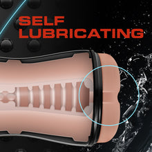 Load image into Gallery viewer, Self lubricating. A see-through illustration of the blush Loverboy The Cowboy Self Lubricating Butt Stroker, showing the inside canal, and the opening. At the opening is a large circle indicating where the self lubricating features are.