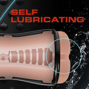 Self lubricating. A see-through illustration of the blush Loverboy The Cowboy Self Lubricating Butt Stroker, showing the inside canal, and the opening. At the opening is a large circle indicating where the self lubricating features are.