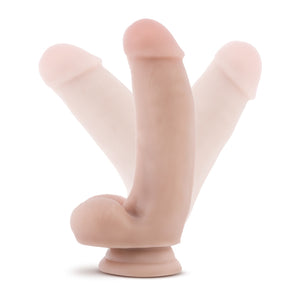 blush Coverboy The Pizza Boy Realistic Dildo placed on its suction cup base, with illustration of the shaft in two separate directions, demonstrating the flexibility of the product.