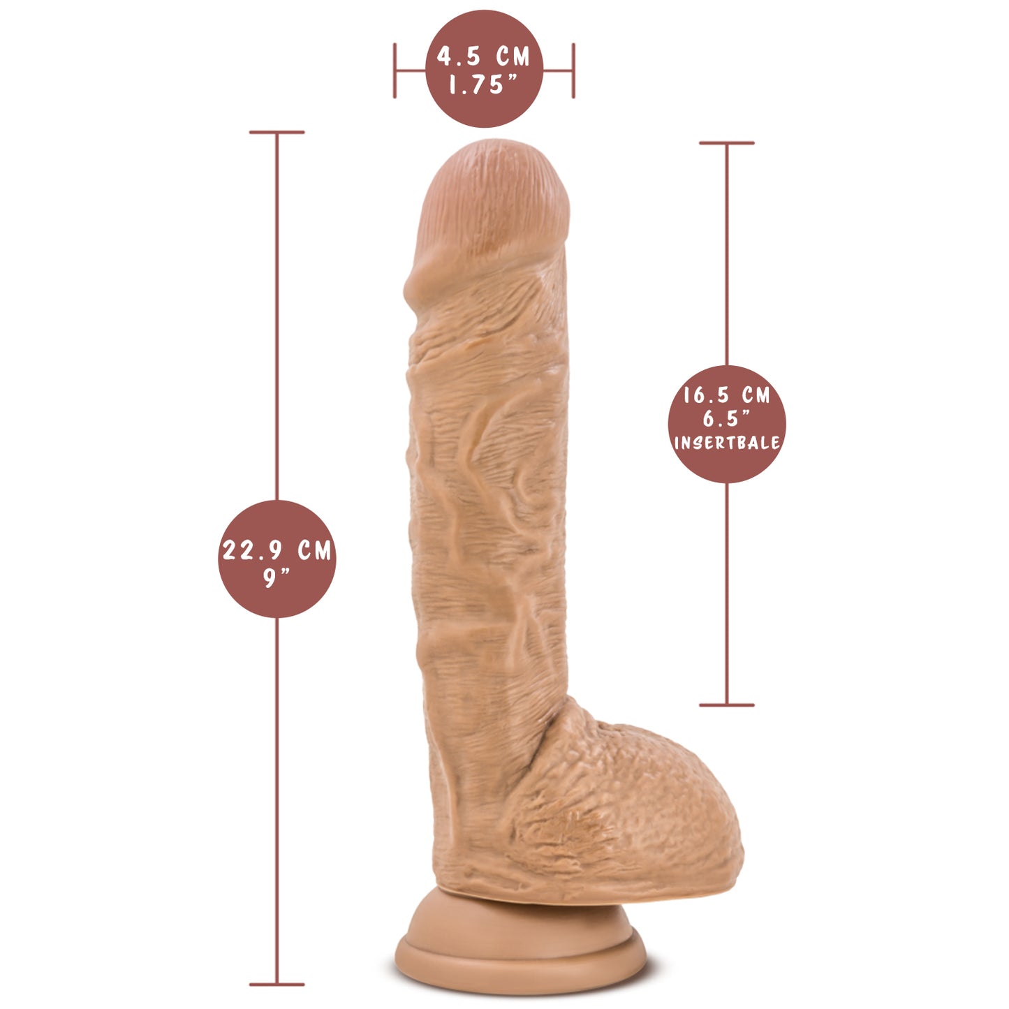 blush Coverboy Your Personal Trainer Realistic Dildo measurements: Insertable width: 4.5 centimetres / 1.75 inches; Product length: 22.9 centimetres / 9 inches; Insertable length: 16.5 centimetres / 6.5 inches.