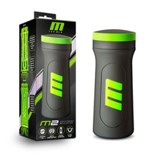 Charger l&#39;image dans la galerie, On the left side of the image is the product packaging. On the left side of the packaging, is a diagram for the inside of the stroker. On the front of the packaging is the M For Men logo, an image of the product, product name: m2, &quot;excitement multiplied&quot;, and product feature icons for: Soft erotic feel; Multiple stimulation points; Pressure suction panel; Flip open design. Beside the packaging is the product blush M For Men M2 Superior Stroker, standing up on its back.