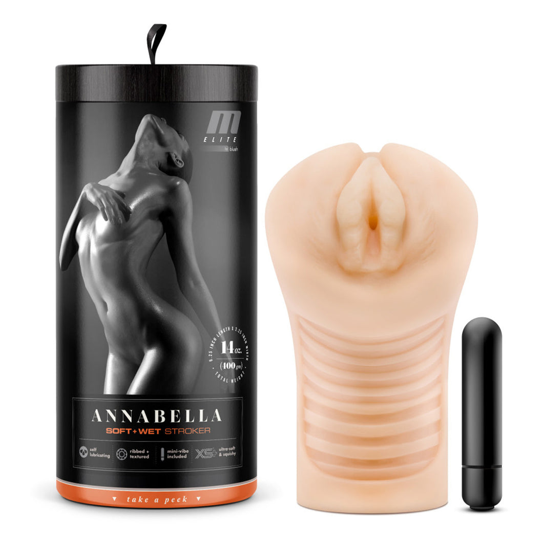 From left on image is product packaging. On packaging is the M Elite by blush logo, a black & white sensual photo of a naked woman, product characteristics: 6.25 inch length x 3.25 inch width; 14 oz / 100 gram total weight, product name: Annabella Soft + Wet Stroker, product feature icons for: Self lubricating; ribbed + textured; mini-vibe included; ultra-soft + squishy, and on bottom is written 