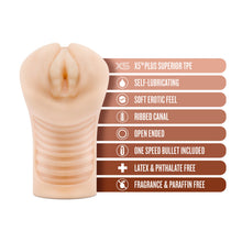 Load image into Gallery viewer, blush M Elite Annabella Soft + Wet Stroker features: X5M PLUS SUPERIOR TPE; SELF-LUBRICATING; SOFT EROTIC FEEL; RIBBED CANAL; OPEN ENDED; 1 ONE SPEED BULLET INCLUDED; LATEX &amp; PHTHALATE FREE; FRAGRANCE &amp; PARAFFIN FREE.