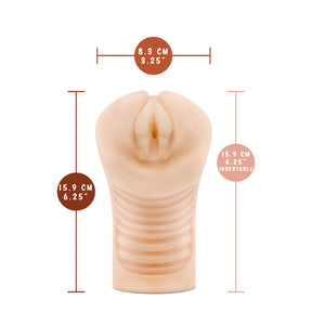 blush M Elite Annabella Soft + Wet Stroker: product width: 8.3 centimetres / 3.25 inches; 15.9 centimetres / 6.25 inches; Insertable length: 15.9 centimetres / 6.25 inches.