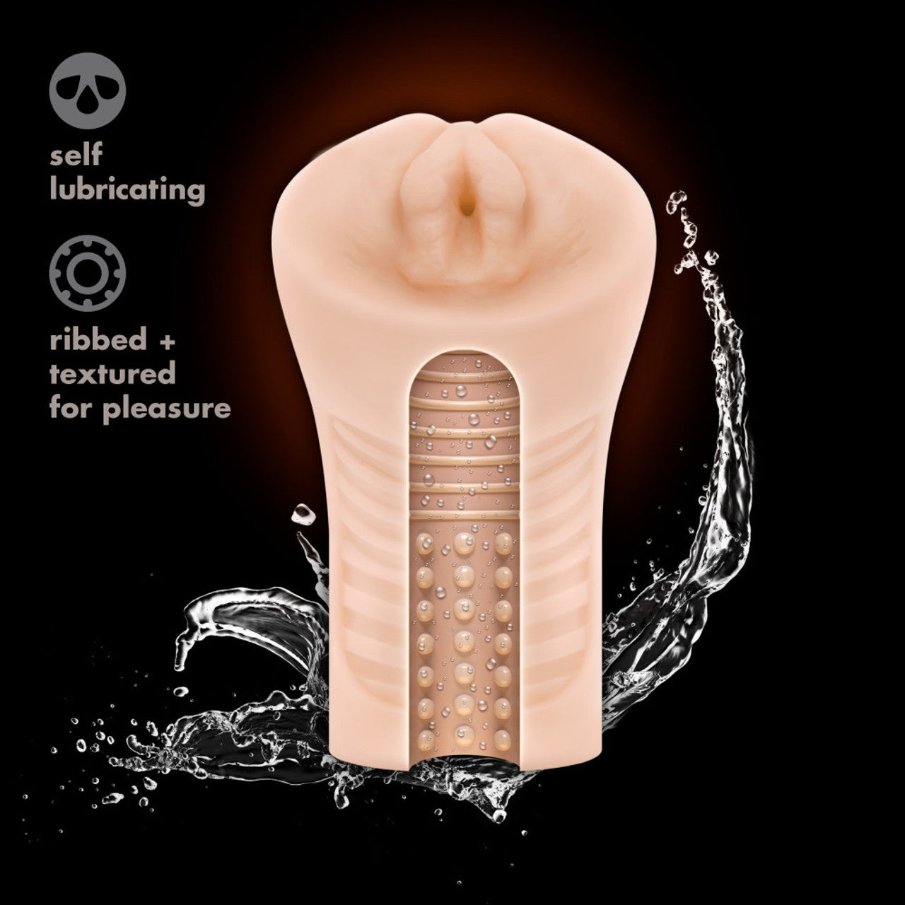 An image of the blush M Elite Annabella Soft + Wet Stroker, with a cutout view showing the inside view of the ribbed canal. With a splashing wave coming out of the bottom, for self-lubricating feature. On the left side are product feature icons for: self lubricating; ribbed + textured for pleasure.