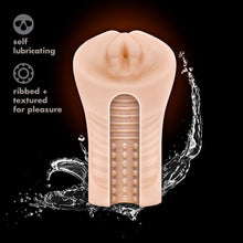Load image into Gallery viewer, An image of the blush M Elite Annabella Soft + Wet Stroker, with a cutout view showing the inside view of the ribbed canal. With a splashing wave coming out of the bottom, for self-lubricating feature. On the left side are product feature icons for: self lubricating; ribbed + textured for pleasure.