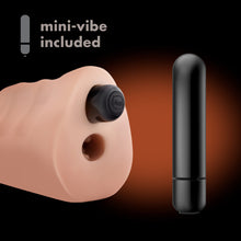 Load image into Gallery viewer, On the top left of the image is an icon for mini-vibe included, with a back of the stroker, and the mini vibe inserted at the top. on the right side is a close up image of the mini-vibe standing vertically.