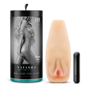 On left side of image is product packaging. On packaging is the M Elite by blush logo, a sensual black & white photo of a naked woman, product characteristics: 7 inch x 2.5 inch - 14.8 oz (420 gm) total weight, Product name: Natasha Soft + wet Stroker, product feature icons for: Self lubricating; ribbed for pleasure; mini-vibe included; X5+ ultra-soft & Squishy, and on bottom "take a peek". Beside packaging is the stroker, and beside stroker is the bullet vibe.