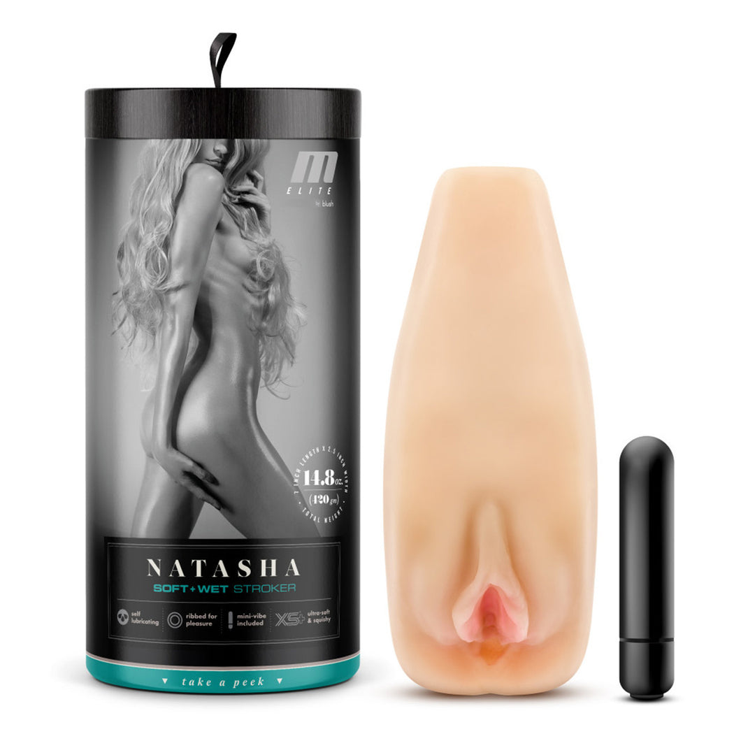 On left side of image is product packaging. On packaging is the M Elite by blush logo, a sensual black & white photo of a naked woman, product characteristics: 7 inch x 2.5 inch - 14.8 oz (420 gm) total weight, Product name: Natasha Soft + wet Stroker, product feature icons for: Self lubricating; ribbed for pleasure; mini-vibe included; X5+ ultra-soft & Squishy, and on bottom 