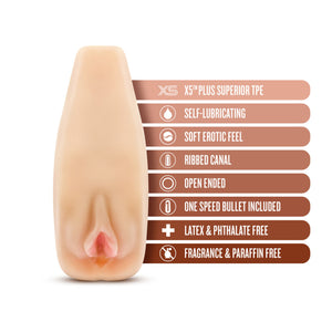 blush M Elite Natasha Soft + Wet Stroker features: X5 PLUS SUPERIOR TPE; SELF-LUBRICATING; SOFT EROTIC FEEL; RIBBED CANAL; OPEN ENDED; ONE SPEED BULLET INCLUDED;  LATEX & PHTHALATE FREE; FRAGRANCE & PARAFFIN FREE.