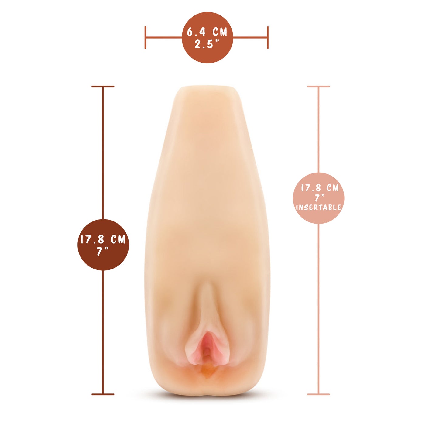 blush M Elite Natasha Soft + Wet Stroker measurements: Product width: 6.4 centimetres / 2.5 inches; Product length: 17.8 centimetres / 7 inches; Insertable length: 17.8 centimetres / 7 inches.