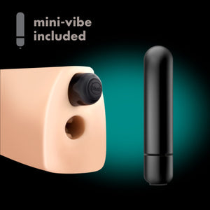 An icon for mini-vibe included. Back end of the blush M Elite Natasha Soft + Wet Stroker, with the mini vibe inserted at the top, and to the right is the close up image of the mini-vibe.