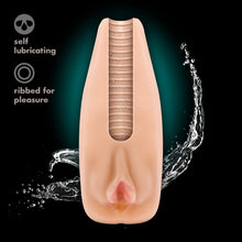 Load image into Gallery viewer, An image of the blush M Elite Natasha Soft + Wet Stroker, with a cut out view of the inside of the ribbed canal, with a splash of water coming out from the bottom. Product feature icons for: self lubricating; ribbed for pleasure.