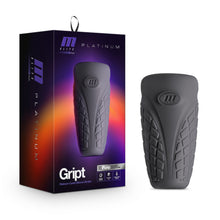 Load image into Gallery viewer, On the left side of the image is the packaging, on the left side of packaging is the M Elite by blush platinum logo. On the front of the package, is the M elite by blush platinum logo, image of the product in the centre, product name: Gript Platinum-Cured Silicone stroker, and product feature icons for: Purio revolutionary Super-Soft Silicone; Soft realistic feel. Beside the packaging Is the product, blush M For Men Platinum Gript Platinum-Cured Silicone Stroker, stood up on its end.