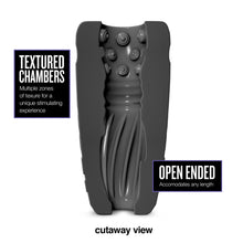 Load image into Gallery viewer, Cutaway view of the blush M For Men Platinum Gript Platinum-Cured Silicone Stroker, giving a visualization for the inside textured tunnel of the stroker. Product Descriptive features: TEXTURED CHAMBERS - Multiple zones of texture for a unique stimulating experience; OPEN ENDED - Accommodates any length.