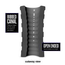 Load image into Gallery viewer, Cutaway view of the bush M For Men Hekx Platinum-Cured Silicone Stroker, showing the inside of the ribbed canal. Descriptive product features: RIBBED CANAL Pleasure ridges line the canal for waves of stimulation; OPEN ENDED Accomodates any length.