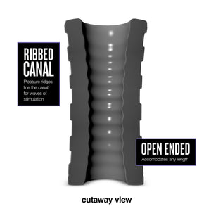 Cutaway view of the bush M For Men Hekx Platinum-Cured Silicone Stroker, showing the inside of the ribbed canal. Descriptive product features: RIBBED CANAL Pleasure ridges line the canal for waves of stimulation; OPEN ENDED Accomodates any length.