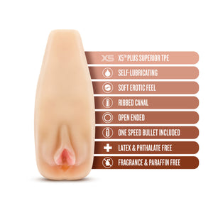 blush M Elite Veronika Soft + Wet Stroker features: X5 PLUS SUPERIOR TPE; SELF-LUBRICATING; SOFT EROTIC FEEL; RIBBED CANAL; OPEN ENDED; ONE SPEED BULLET INCLUDED; LATEX & PHTHALATE FREE; FRAGRANCE & PARAFFIN FREE.