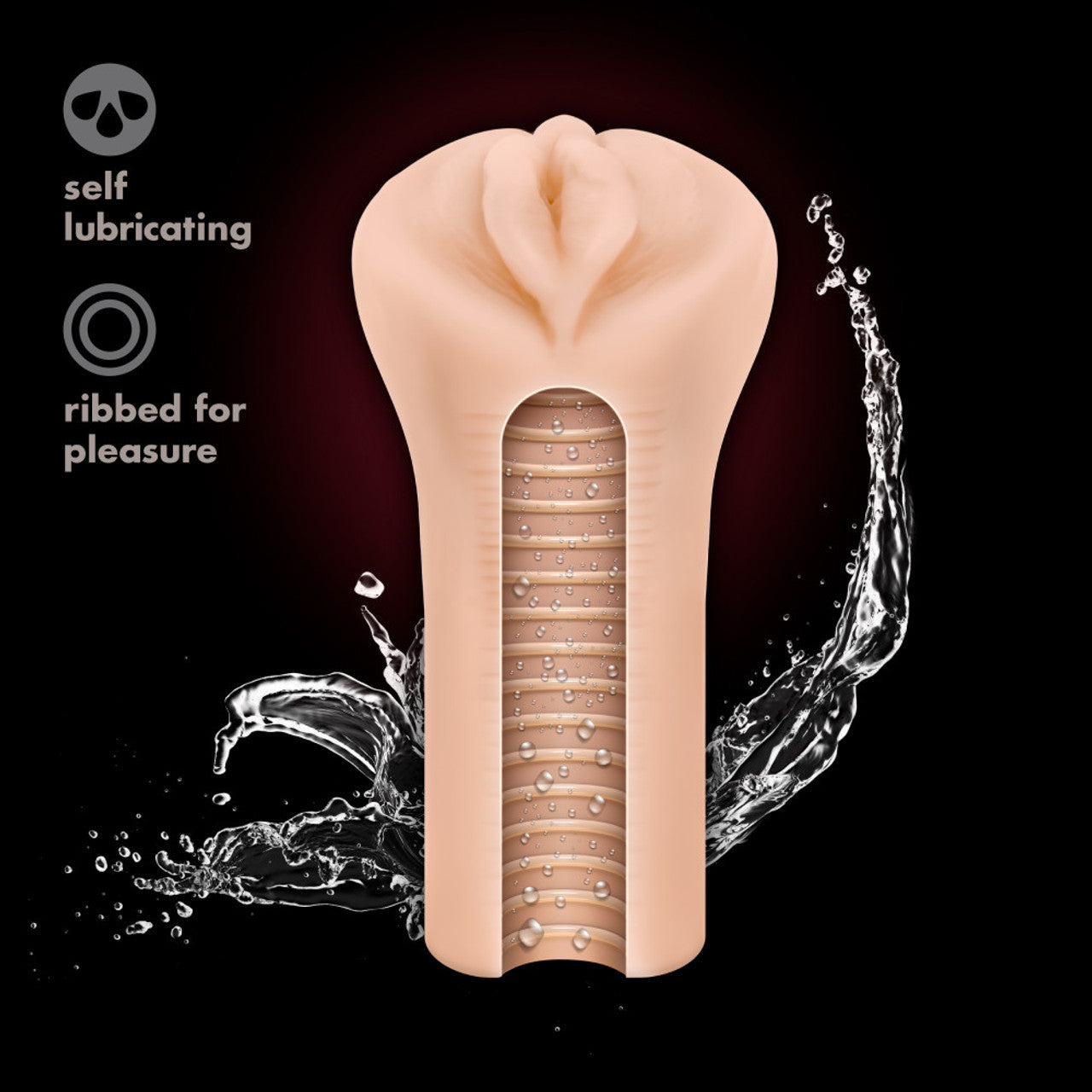 A cut away view of the blush M Elite Veronika Soft + Wet Stroker, showing the inside of the ribbed canal, with a splash wave coming out from the bottom. On the top left are feature icons for self lubricating; ribbed for pleasure.