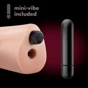 An icon for mini-vibe included. back of the blush M Elite Veronika Soft + Wet Stroker, with the bullet inserted at the top, and a close up of the mini-vibe on the right side.