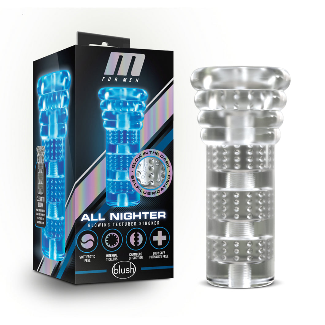 Product packaging standing beside the the All Nighter stroker. On the left side of the product packaging is the All Nighter stroker. On the front of the packaging is the M for Men logo, a side-view image of the stroker, product feature icons for: Glow in the dark; Self-Lubricating; Soft Erotic feel; Internal ticklers; Chambers of suction; Body safe; phthalate free, product name: All Nighter Glowing textured stroker, and below is the blush logo.