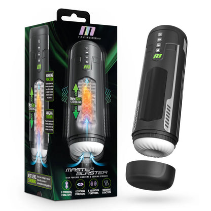 On the left side of the image is the product packaging, and beside the packaging is the product Blush M For Men Master Blaster High Powered Vibrating & Sucking Stroker, with its cover cap twisted open.