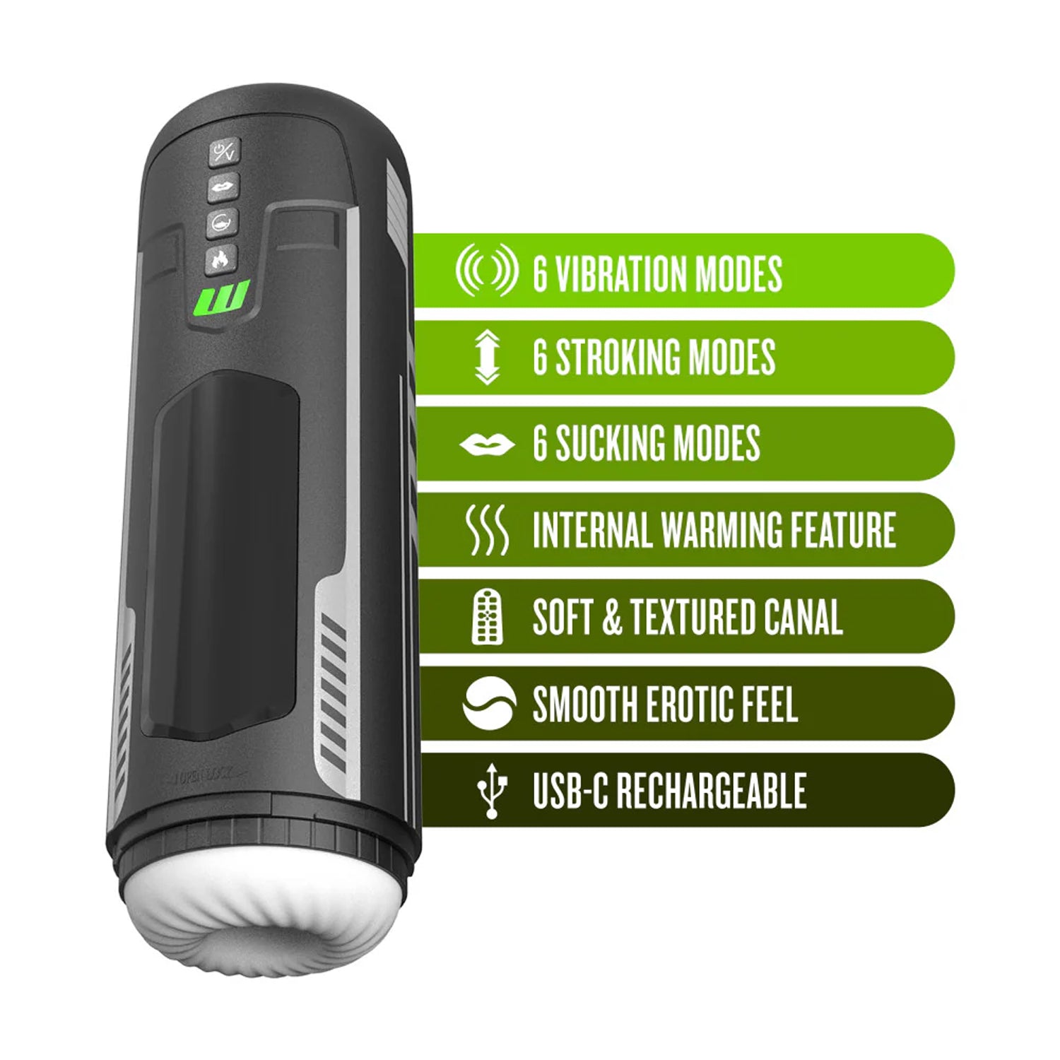 Blush M For Men Master Blaster High Powered Vibrating & Sucking Stroker features: 6 VIBRATION MODES; 6 STROKING MODES; 6 SUCKING MODES; INTERNAL WARMING FEATURE; SOFT & TEXTURED CANAL; SMOOTH EROTIC FEEL; USB-C RECHARGEABLE.