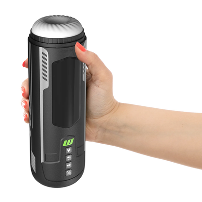 A close up of a woman's hand holding the Blush M For Men Master Blaster High Powered Vibrating & Sucking Stroker.