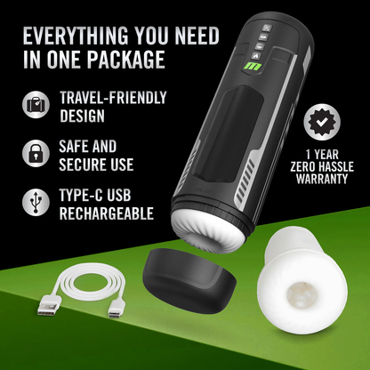 Everything you need in one package, with product feature icons for: Travel-Friendly design; Safe and secure; Type-C USB rechargeable; 1 Year zero hassle warranty. With an image of the Blush M For Men Master Blaster High Powered Vibrating & Sucking Stroker with its cover cap twisted off, on the left is the USB-C charging cable, and on the left is the sleeve from the stroker.