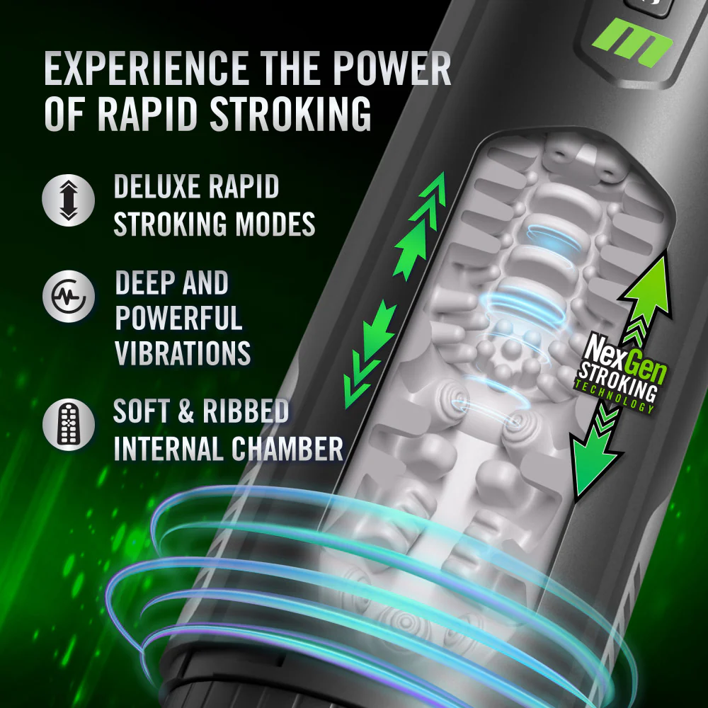 Experience the power of rapid stroking: Deluxe rapid stroking modes; Deep and powerful vibration; Soft & ribbed internal chambers. A close up image of the strokers chamber visible through a small window, with feature icon for NexGen Stroking Technology, with arrows pointing up & down  on both sides of the stroker.