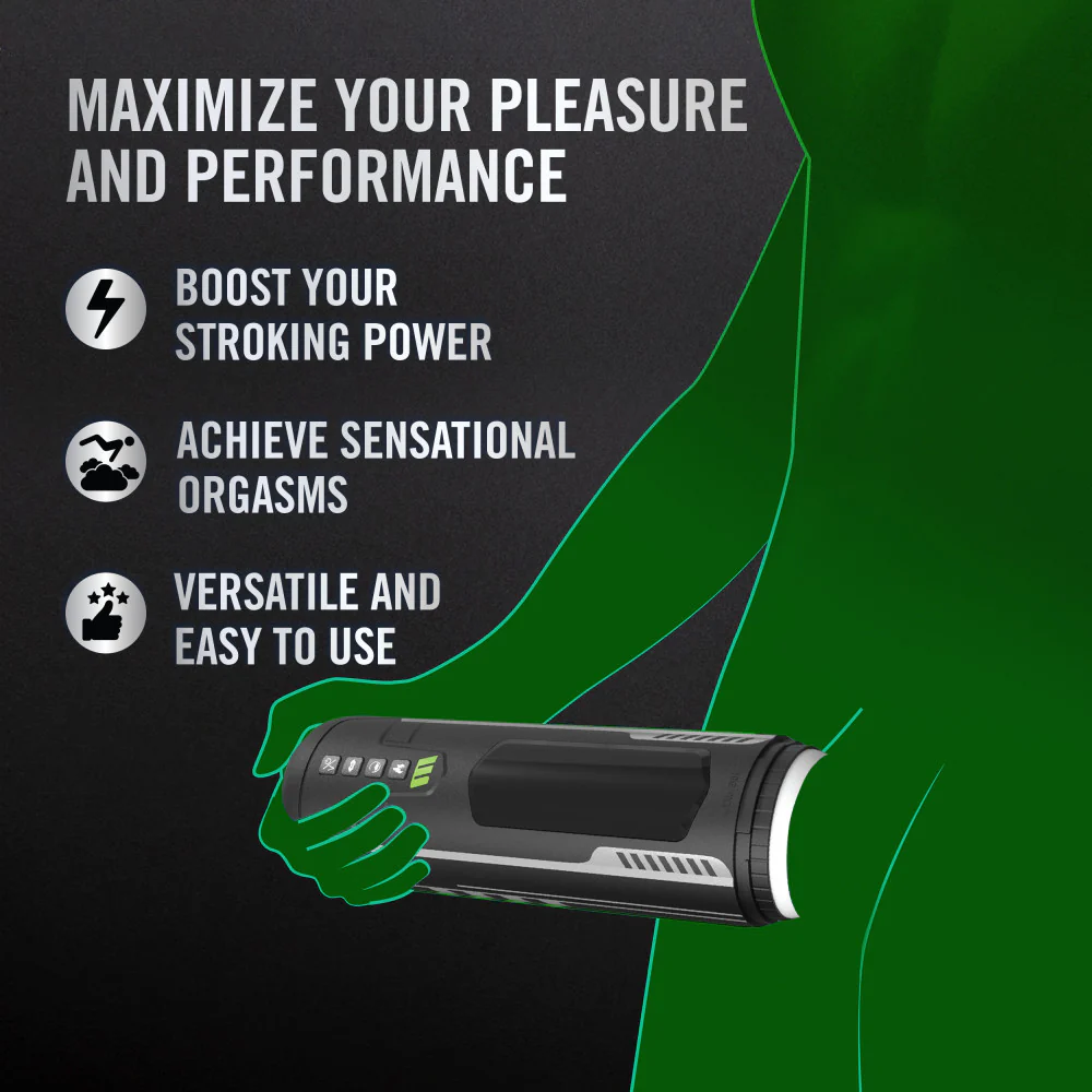 Maximize your pleasure and performance: Boost your stroking power; Achieve sensational orgasms; Versatile and easy to use. On the right side is an illustrated image of a man, using the Blush M For Men Master Blaster High Powered Vibrating & Sucking Stroker.