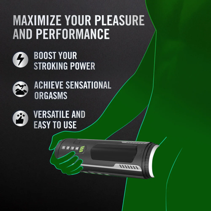 Maximize your pleasure and performance: Boost your stroking power; Achieve sensational orgasms; Versatile and easy to use. On the right side is an illustrated image of a man, using the Blush M For Men Master Blaster High Powered Vibrating & Sucking Stroker.